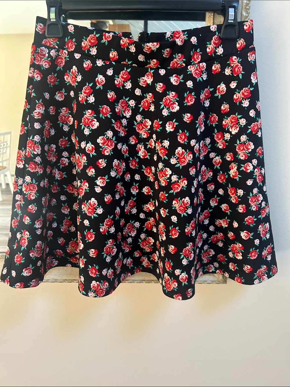 Olsenboye Black Circle Skirt with Red Rose Print